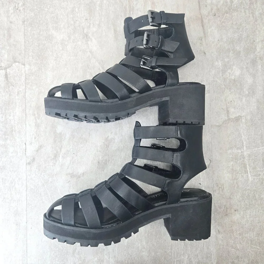 Aldo Fisherman Sandals Sz 7 Black Leather Grunge Goth Strappy Caged Chunky Lug - Picture 6 of 12